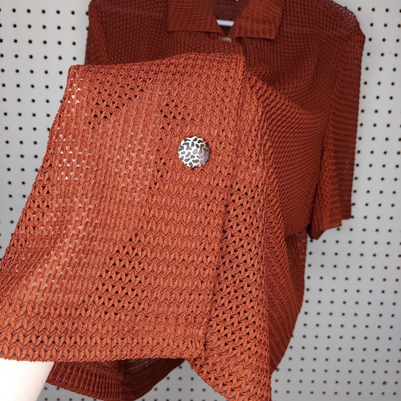 Y2K Vtg Mesh Shirt 24W Button Collar Short Sleeve Sheer Rust Orange Top - Picture 3 of 5